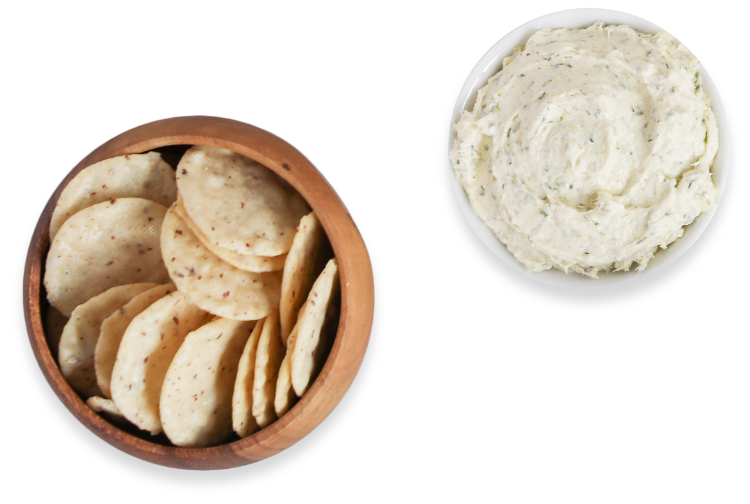 Crackers and dip in bowls