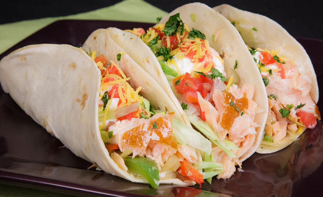 Honey Smoked Salmon Tacos With Guacamole & Pico De Gallo