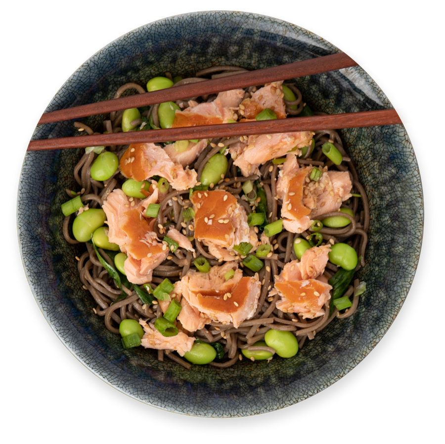 Smoked Salmon and lima bean soba noodles with chopsticks in bowl
