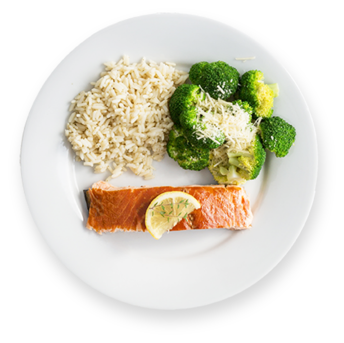 Plated smoked salmon with rice and broccoli